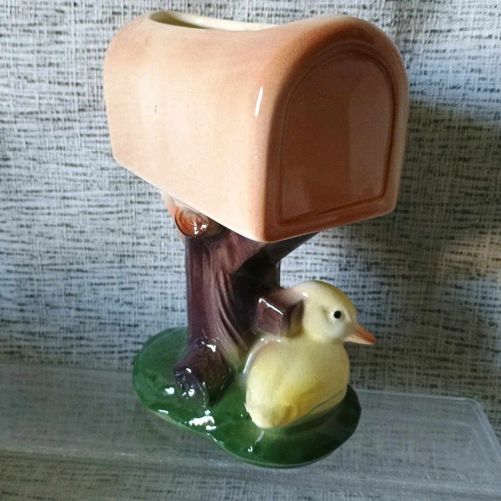 Vintage US Mail Mailbox Ceramic Planter with Duckling Figurine Mid Century Decor